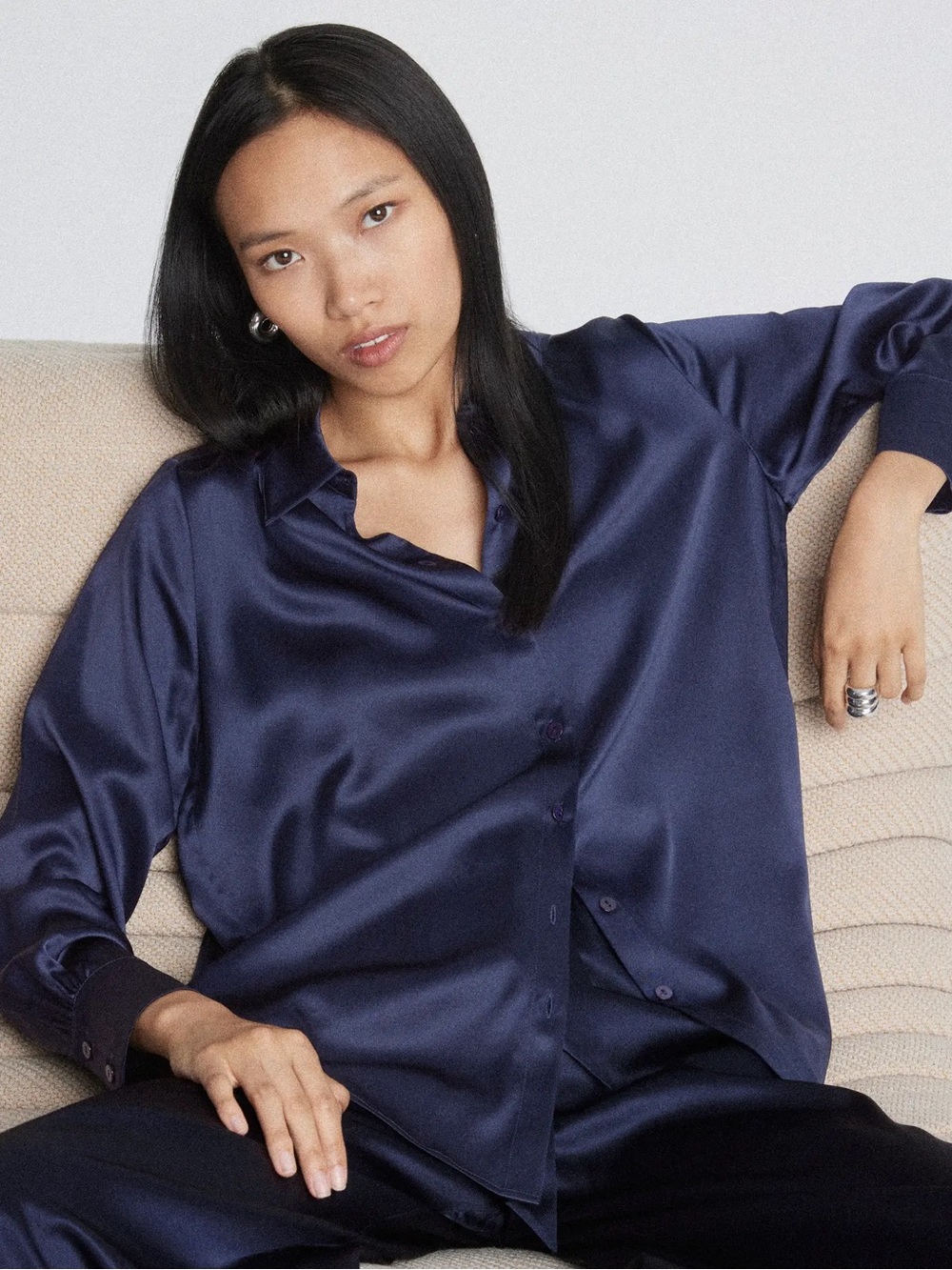 Kate Young X Splendid Silk Button-Down Navy Shirt
